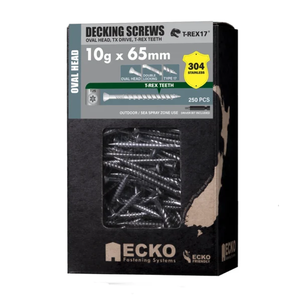 Ecko - DOV30410G65-250 - Decking Screw Oval Head SS304 10Gx65 T-REX17 (250) - Ecko | $73.32 | Available from Powertools Tauranga