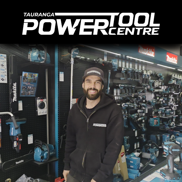Tauranga Powertool Centre store with staff member and Makita power tools display in Tauranga
