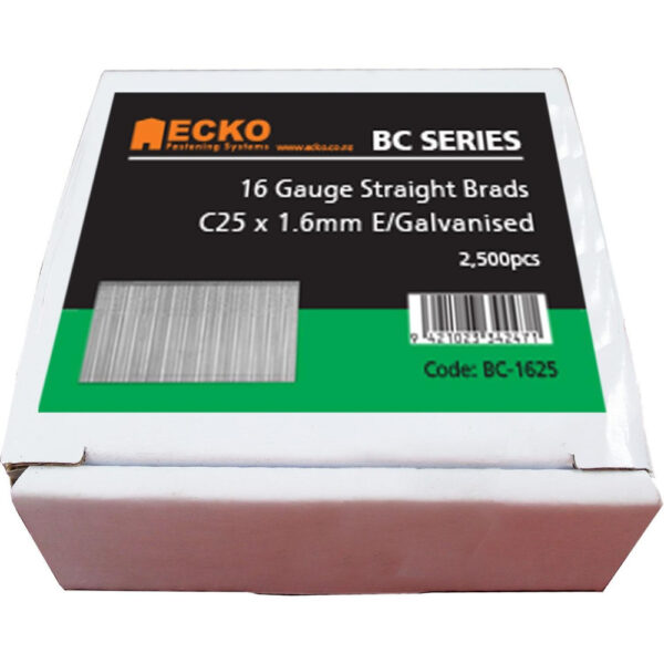 0.03649000 178623801517660523.jpg Ecko - BC-1625 - 16GA. Straight Brads Electro Galvanised 25mm 16G 2500 pieces